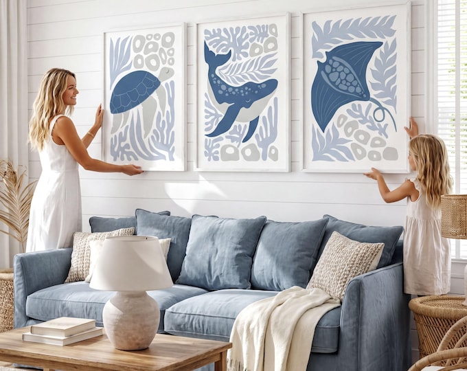 Dusty Blue Decor Triptych, Sea Turtle Whale and Stingray Set of Three, Nursery Art