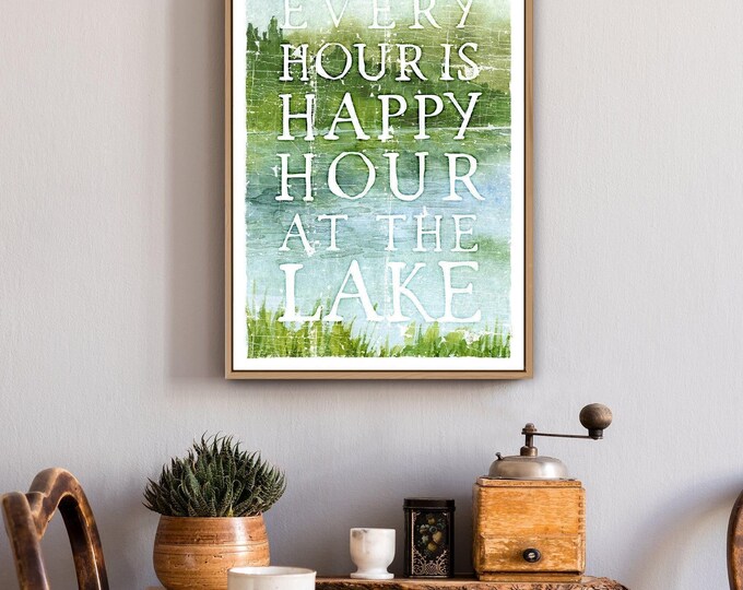 Hour at the Lake Watercolor Art, Green and Blue Lakehouse Sign, Coastal Cabin Gift