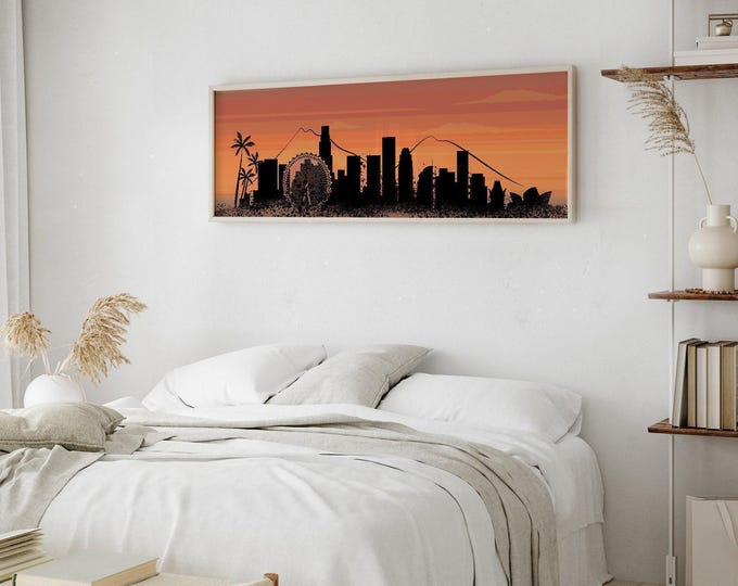LOS ANGELES Skyline Sign, Iconic Skyline Prints, Modern Farmhouse Art, Long Skinny Framed Skyline Canvas, Urban Living Decor, LA Sunset svg