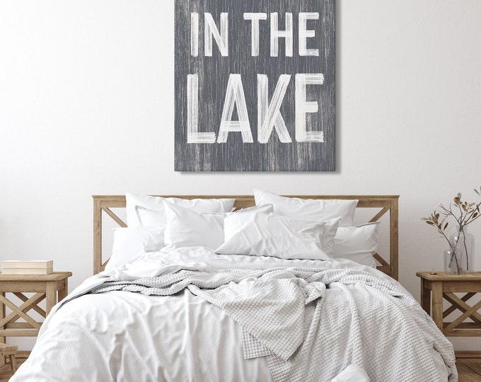 Go jump in the LAKE  sign > Slate Gray LAKE  HOUSE decor, coastal wall art, faux vintage wood canvas print, modern farmhouse, gift for her