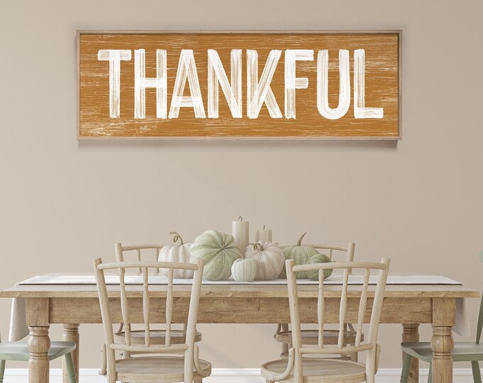 THANKFUL Sign in Caramel, faux weathered wood, seasonal wall art, thanksgiving wall print, vintage farmhouse, long horizontal wall art