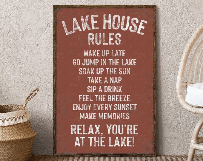 Personalized Lake House Rules Sign, Rust Terracotta Wall Art, Cabin Lover Gift