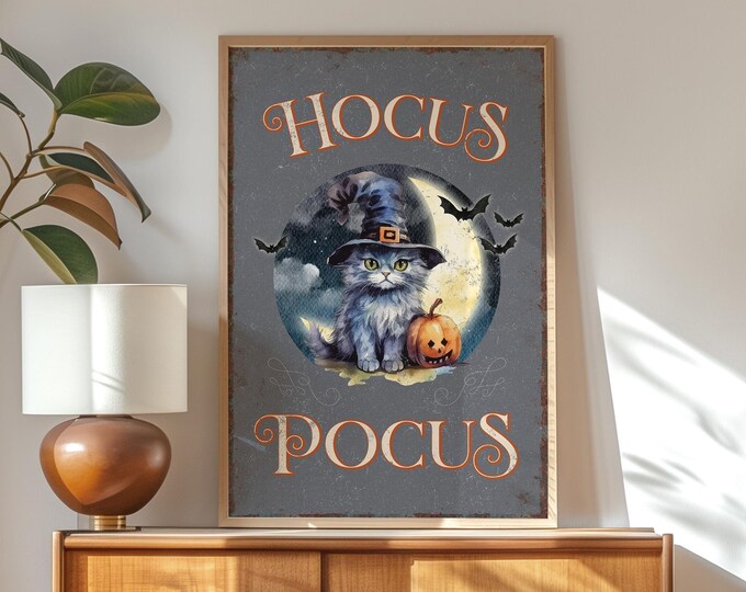 Autumn Sign, Fall Wall Decor, Halloween Cats, Cute Cat Hocus Pocus Print, Witch Hat Pumpkin Decoration, Cozy Farmhouse Gift for Her