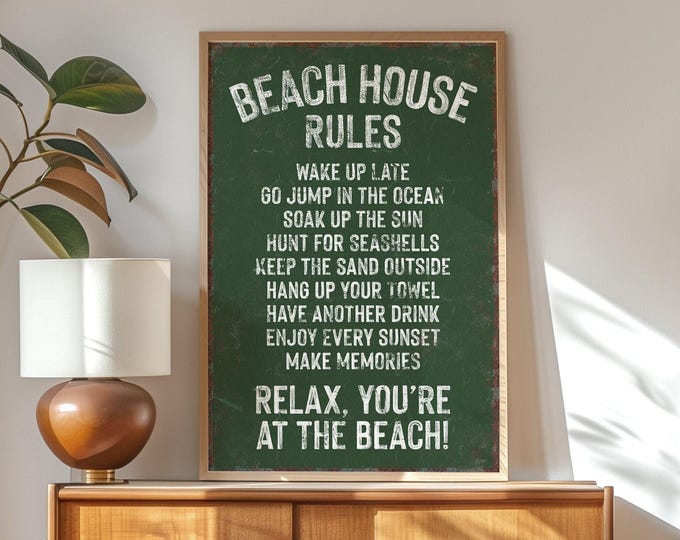 Beach House Rules Wall Art Forest Green Coastal Print Vacation Home Decor