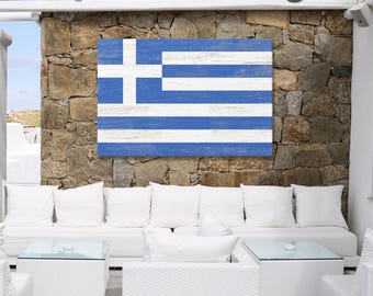 Greek Flag Wall Art, Distressed Faux Wood, Vintage Blue White Print