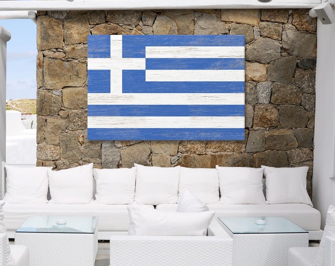 Greek Flag Wall Art, Distressed Faux Wood, Vintage Blue White Print
