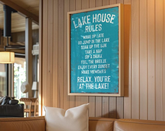Retro Lake House Rules Sign: Distressed Duck Blue, Coastal Decor