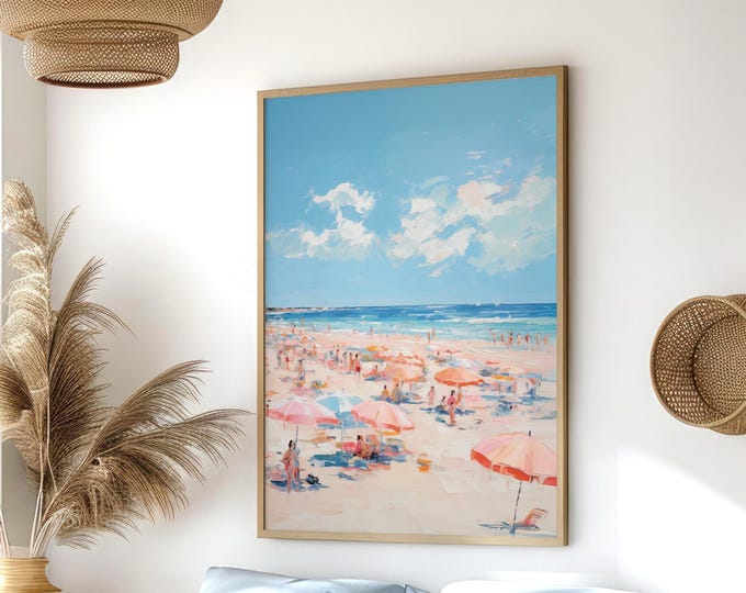 Seaside Art Sign, Vintage Italian Beach Umbrella Painting, Summer Canvas Print