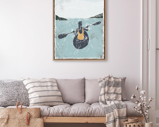 Lake House Kayak Sign, Vintage Style, Yellow Accent (Multiple Sizes)