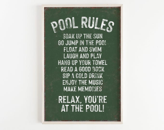Retro Pool Rules Sign in Vine Green, Canvas Paper Aluminum Options Available, Gift for Pool Lover, Pool Guest House Decor, Metal Pool Sign