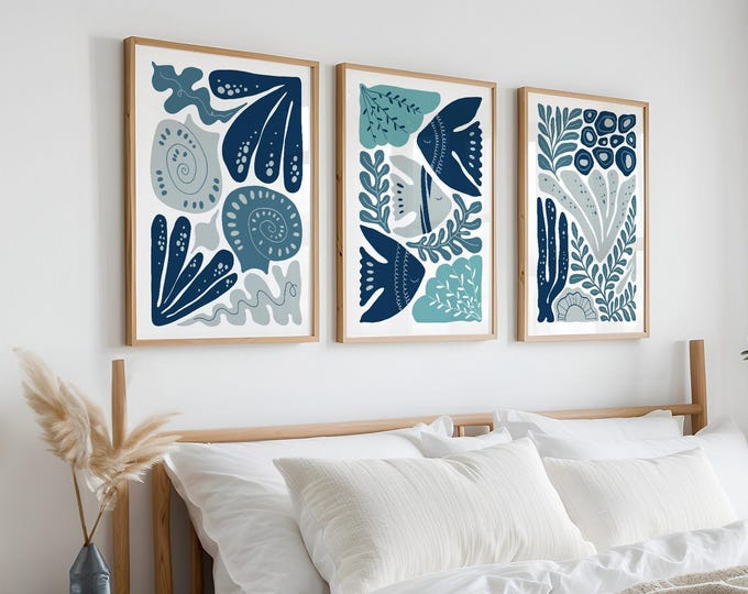 Ocean Wall Art Triptych, Navy and Teal Organic Coral Shells on Off White