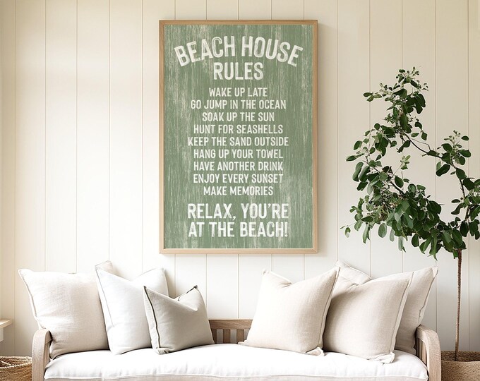 Vintage Beach House Rules Sign, Seagrass Green White Decor, Rustic Coastal Plaque, Distressed Wood Wall Hanging, Vacation Gift