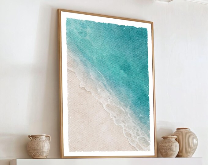Beach House Decor, Coastal Wall Art, Boho Home Decor, Serene Coastal Scene, Large Framed Artwork for Rental, Watercolor Beach Wave, No. 112