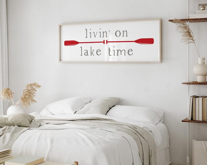 Red Lake Art, Crossed Canoe Oars Livin on Lake Time Sign, Long Nautical Lake House Decor
