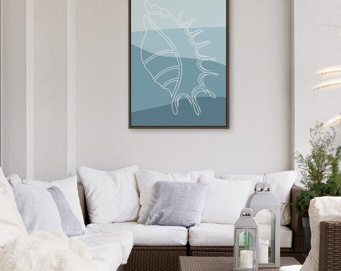 Seashell Art Canvas Print, White Line Conch on Slate Blue Waves, Beach House Wall Decor