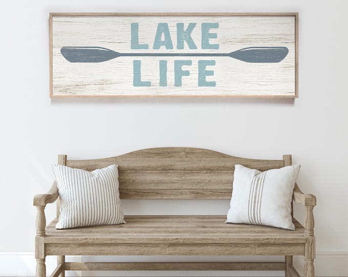 Canoe Paddle Art, Slate Blue Lake Life Sign, Whitewashed Cabin Wall Decor, Paddler Gift