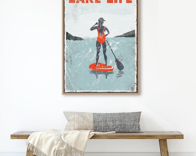 Vintage Sports Style, Red and Blue Lake Life Paddleboarder Wall Art for Her