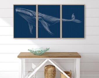 Dotted Whale Triptych, Whale 3 Piece Framed Set, Minimalist Dot Beach House Decor, Large Ocean Wall Decor, Whale Set of 3 Canvas Prints
