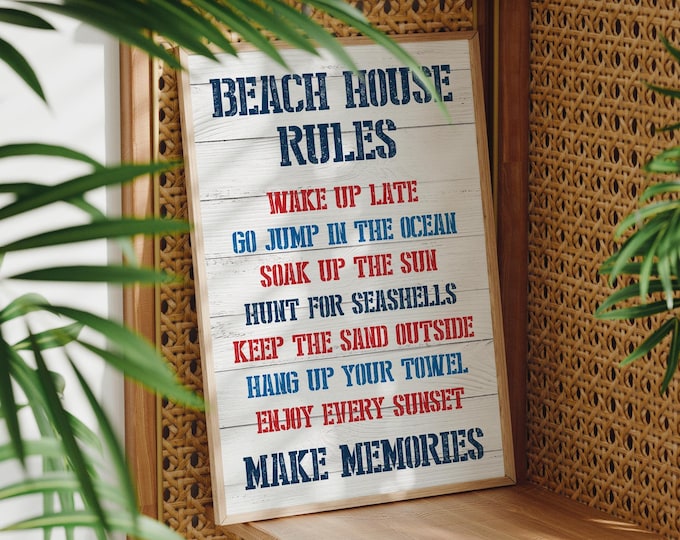 Coastal House Gift, Beach Rules Wall Art, Navy And Red Typography Print On White