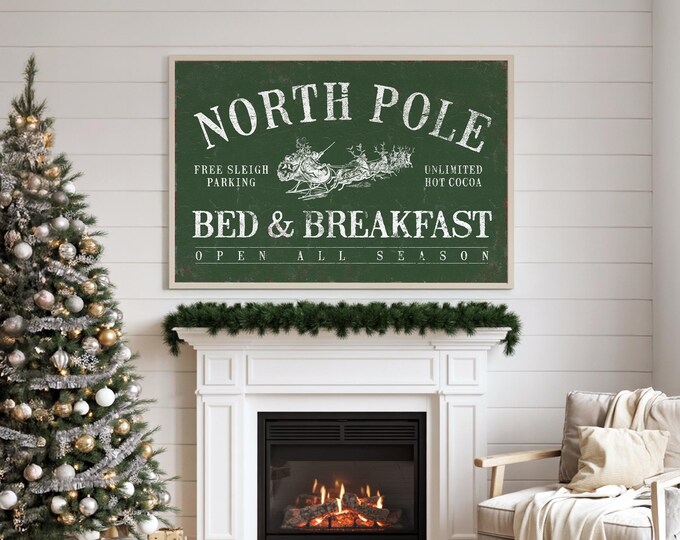 Nana Xmas Gift, Vintage North Pole Lodge Sign, Santa and Reindeer in Hunter Green