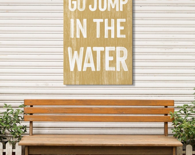 Framed Wall Decor, Go Jump in the Water Sign, Golden Yellow Lake House Gift