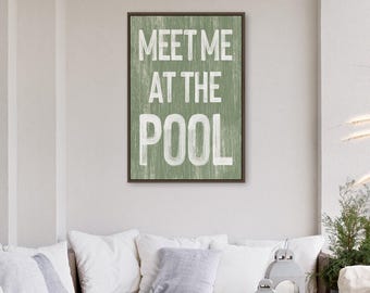 Meet Me At The Pool, Sage Green Weathered Wall Art With Dark Wood Frame