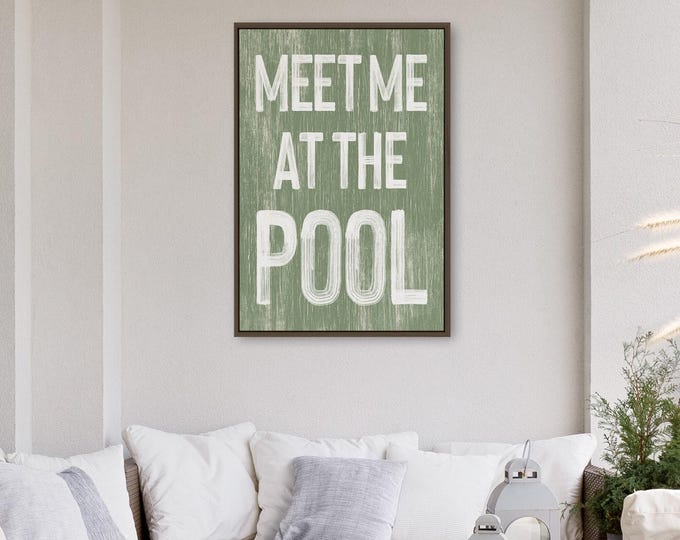 Meet Me At The Pool, Sage Green Weathered Wall Art With Dark Wood Frame