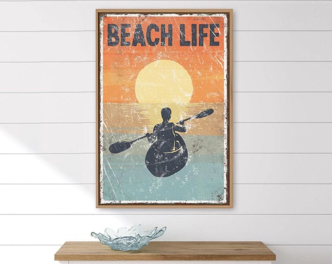 Beach Life Kayaker Poster, Vintage Sunset Coastal Print, Burnt Orange Retro Beach House Decor
