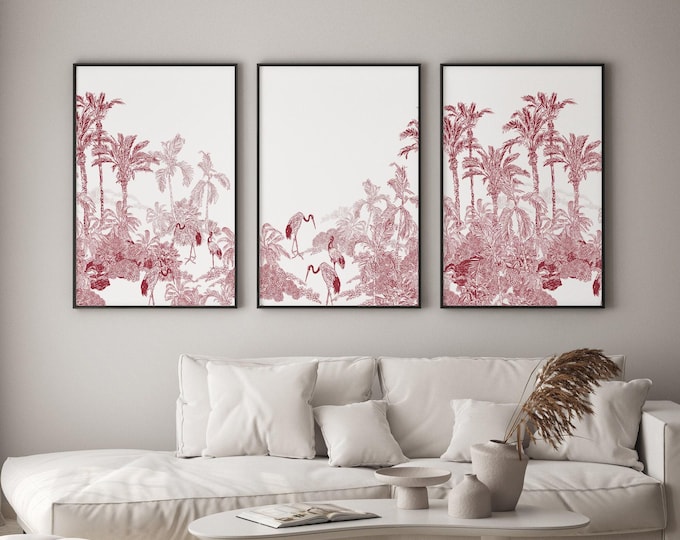 Triptych Tropical Panorama, Framed 3 Piece Set, Vintage Lithograph, Modern Home Decor, Modern Farmhouse,  Toile Dark Red • 004
