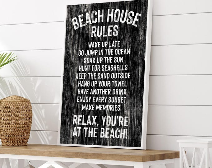 Beach House Rules Sign, Black And White Coastal Wall Art, Distressed Vintage Print