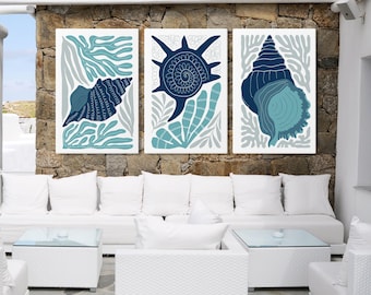 Seashell Triptych Set of 3, Blue Green Coastal Canvas Wall Art, Modern Beach Gallery Decor