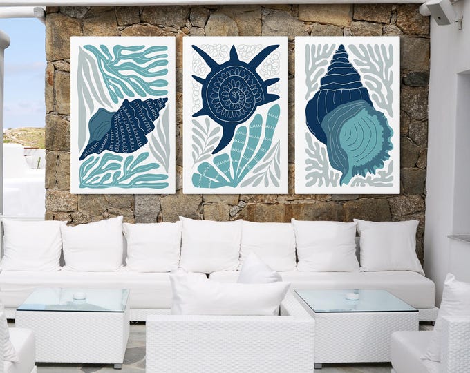 Triptych Seashell Prints for Beach Gallery Wall, Blue and Green Ocean Set of 3, Coastal Canvas Wall Art, Green and Blue Shells • 305