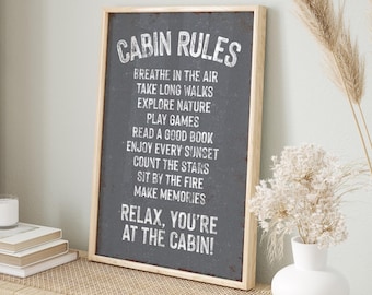Vintage Cabin Rules Sign, Slate Gray Ski Decor, Retro Cabin Art, Vacation Wall Hanging, Ski Gift For Her, Rustic Lodge Charm