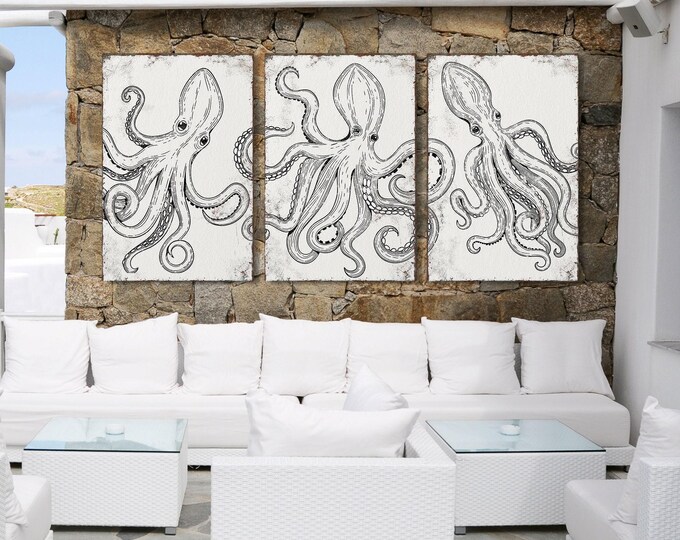 Octopus Triptych Wall Art Black Line Art White Coastal Set of 3 Above Couch