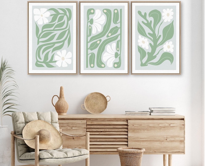 Triptych Wall Art, Abstract Wall Art, 3 Piece Framed Set, Flower Print Set, Modern Home Decor, Modern Farmhouse, Flower Blocks • 016