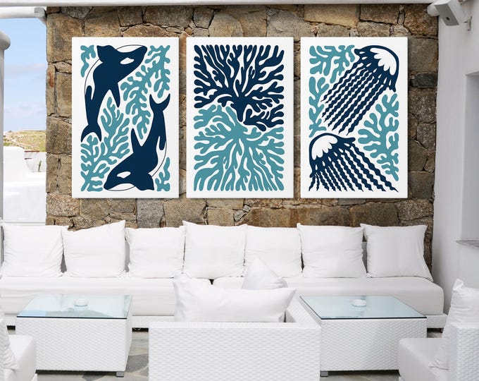 Ocean Triptych Art Jellyfish Whale Coral Navy Coastal Set of 3 Wall Art