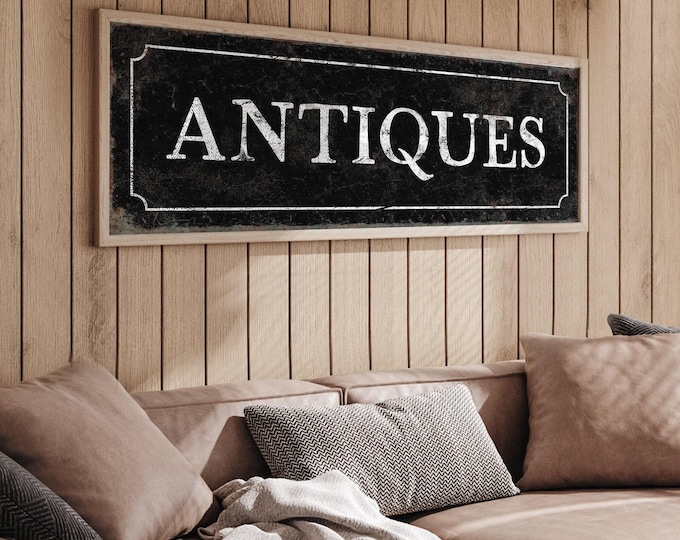 Antiques Sign in White on Distressed Black, Long Skinny Print, Vintage Collector Decor