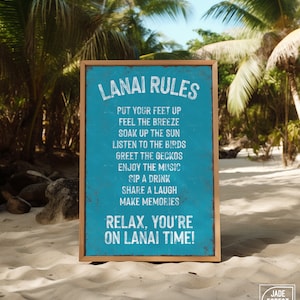 LANAI RULES sign in Duck Blue, outdoor patio decor, retro pool canvas prints, rules of the lanai, print on aluminum lanai signs