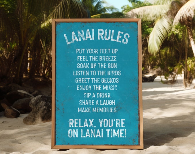 LANAI RULES sign in Duck Blue, outdoor patio decor, retro pool canvas prints, rules of the lanai, print on aluminum lanai signs