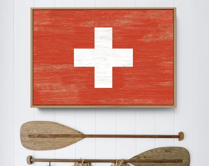 Vintage Swiss Flag Wall Art, Red White Switzerland Cross Print, Rustic Chalet Decor