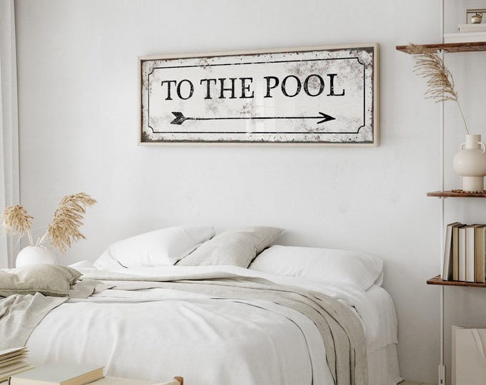 Antique White Pool Sign, Vintage Directional Sign with Arrow Pointing Right, Rustic White Aluminum or Canvas Print, Faux Rusty Edge