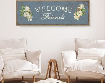 Serif Friends Welcome Banner, Dusty Blue Magnolia Wall Art, New Home Gift