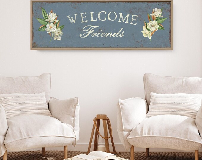 Serif Friends Welcome Banner, Dusty Blue Magnolia Wall Art, New Home Gift