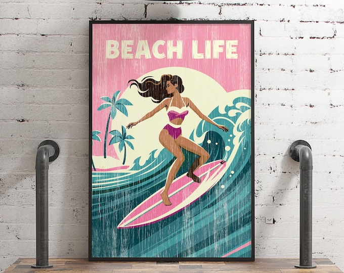 Beach House Surf Poster: Retro Coastal Print - Rustic Wood Frame