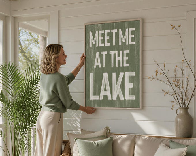 Vintage Meet Me at the Lake Sign, Sage Green Wall Art, Cabin Gift for Her