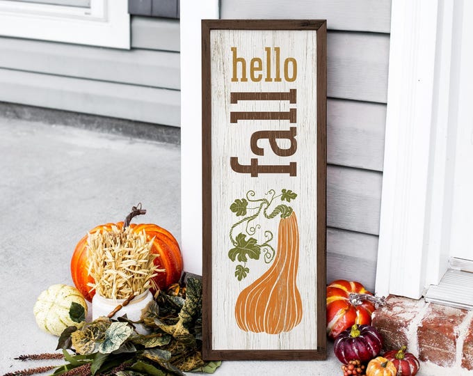 Autumn Leaves Decor, Hello Fall Vertical Sign, Golden Mustard Wall Art