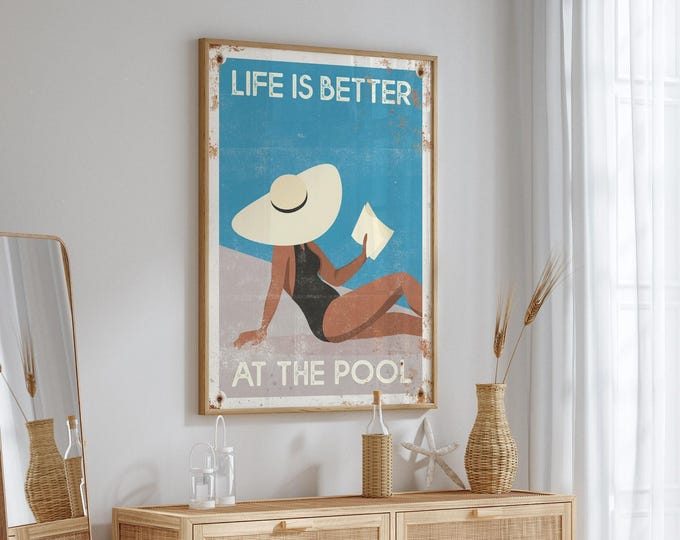 Vintage Life is Better at the Pool Sign, Retro Pool Poster Unique Home Decor, Indoor Framed Canvas Print or Waterproof Aluminum for Outdoors