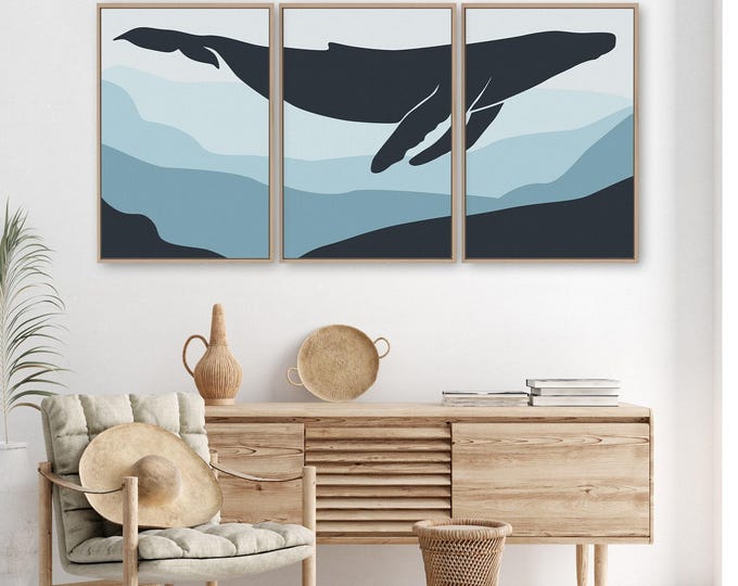Blue Whale Art Triptych, Abstract Ocean Wave 3 Panel Set, Wide Coastal Living Room Wall Decor