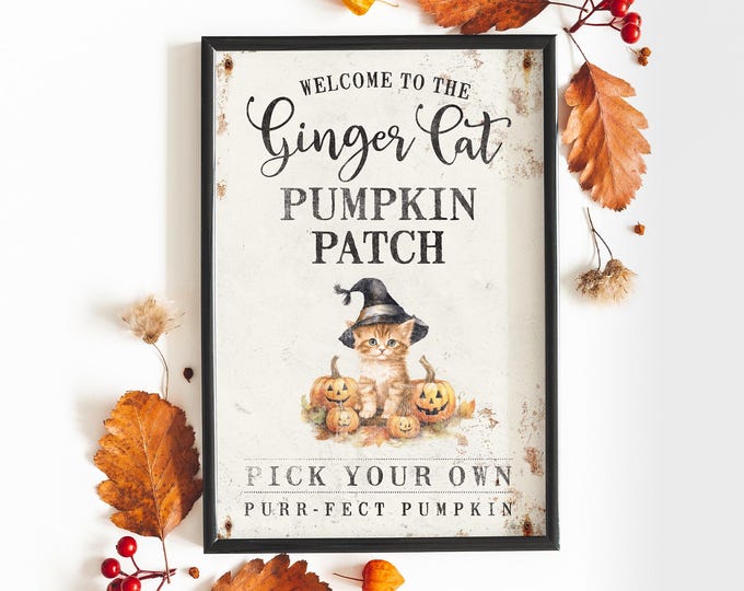 Fall Wall Decor, Halloween Cats, Cute Cat, Pumpkin Patch Sign with Ginger Cat Wearing Witch Hat, Adorable Kitten Print, Seasonal Mantel Art