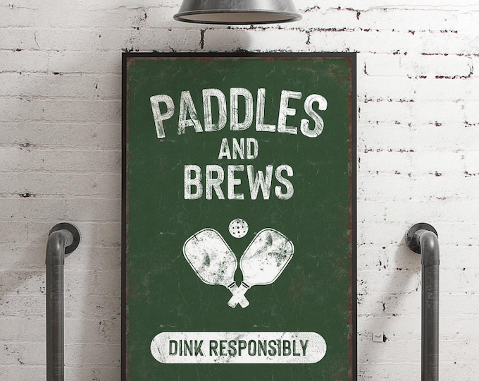 Pickleball Wall Decor Sign, Vintage Paddles and Brews Art